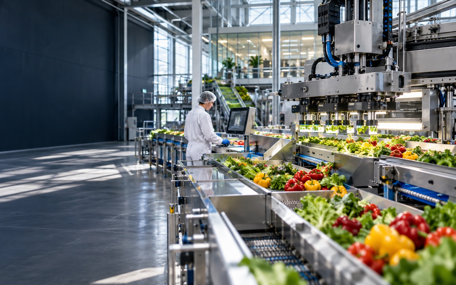 Geavanceerde voedselverwerkingslijn met verse groenten in een moderne productiefaciliteit
